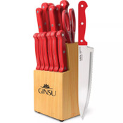 Wholesale - GINSU Kiso 4pc Red Knife Set in a Natural Block, UPC: 079061030813